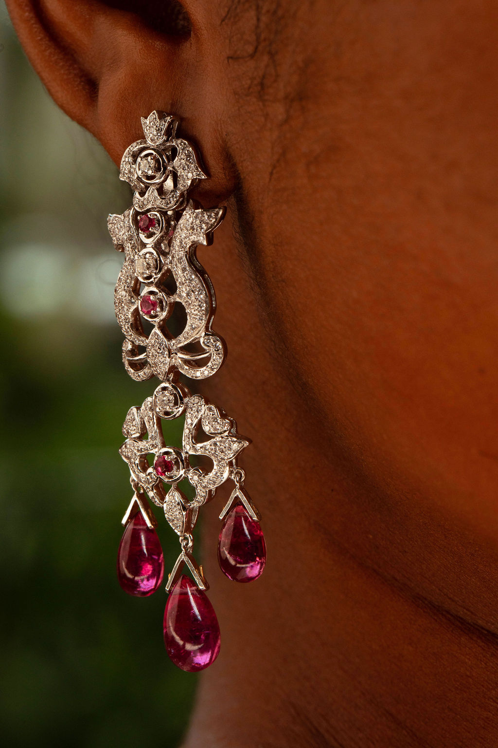 Diamond chandelier earrings with pink drops